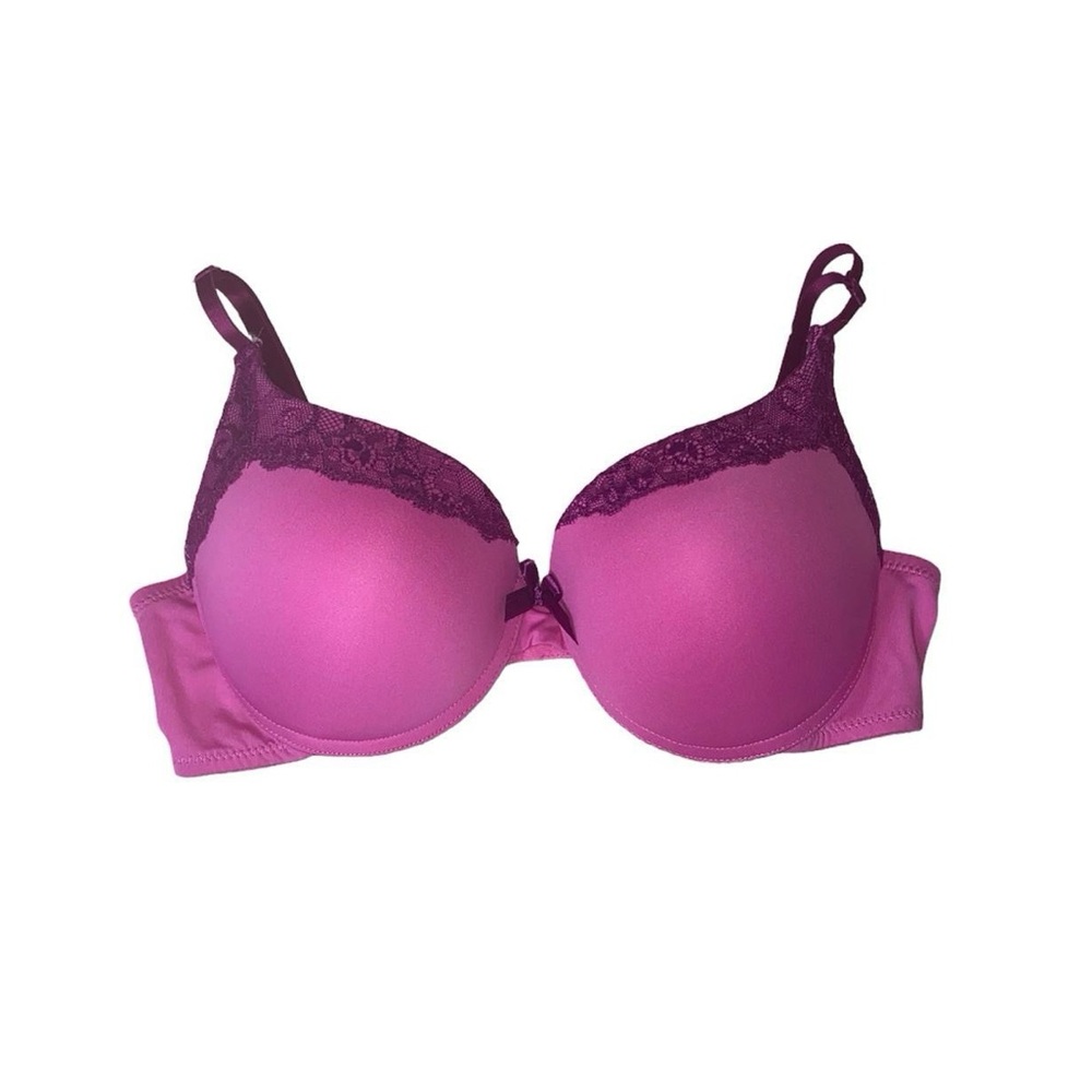 PINK & PURPLE LACE TRIM PUSH-UP BRA · SIZE 36B